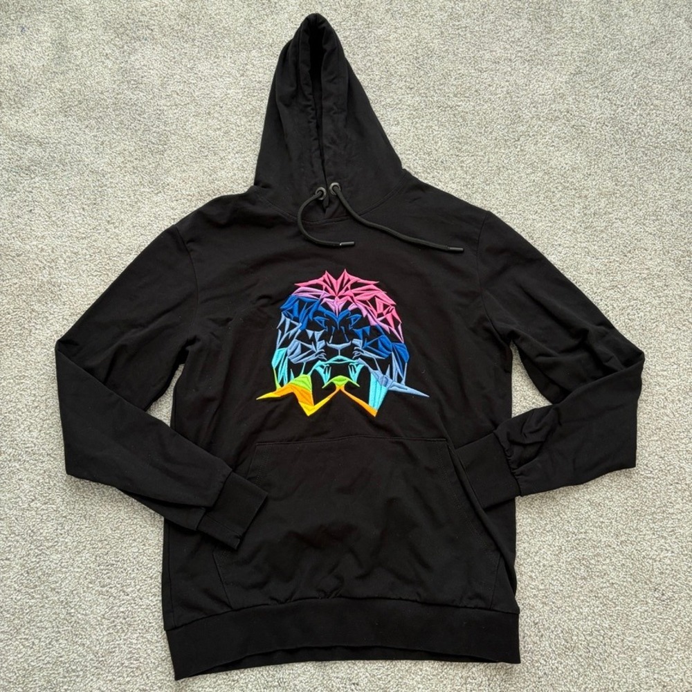 Maceoo Paris Neon‎ Embroidered Hoodie Mens S Black Pullover Lion Punk